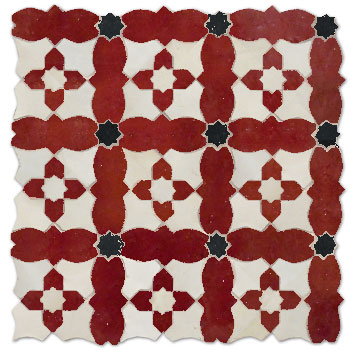 Mosaic House Moroccan tile Cello 1-7-6 White Red Black  zellige, mosaic, zellij, field, pattern, glaze, stars 